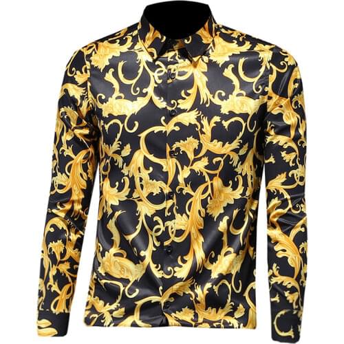 Luxury high quality graphic print punk style silky casual long-sleeved shirt autumn new youth mens slim shirt yellow large size