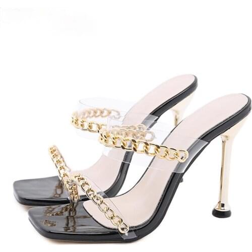Clear Transparent High Heel Slippers Summer Fashion Chain Design Slip On Square Toe Slides Women