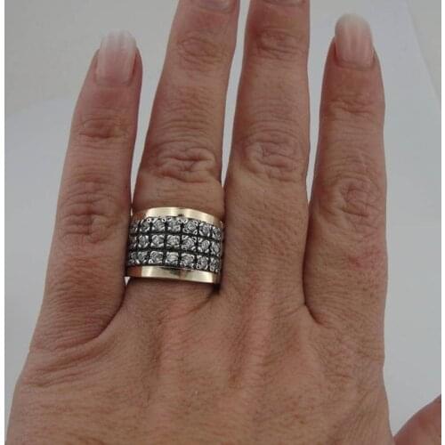 Vintage Two Tone Three Lines White Stone Wide Ring For Women Men Wedding Party Banquet Retro Anniversary Jewelry