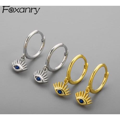 Foxanry Prevent Allergy 925 Sterling Silver Hoop Earrings for Women New Trendy Elegant Blue Eyes Zircon Party Jewelry Ear Buckle