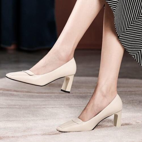 ALLBITEFO Size 33-41 Square Toe Thick Heel Soft Genuine Leather Women Heels Shoes Autumn Fashion Sexy Girls High Heel Shoes