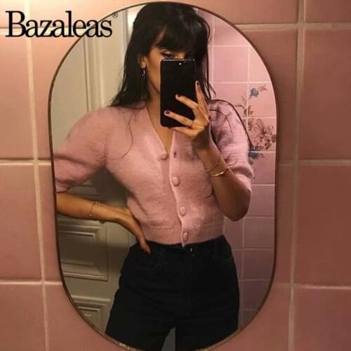 Bazaleas Rose Pink Candy hues Kintted Carfigans V Neck Buttons Sweater harajuku Vintage short sleeve women coat Casual Drop ship