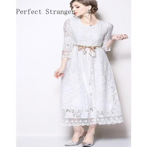 Free Shipping High Quality Hot Sale Elegant Round Collar Pure Color Three-quarter Sleeve Woman Long Lace Dress White