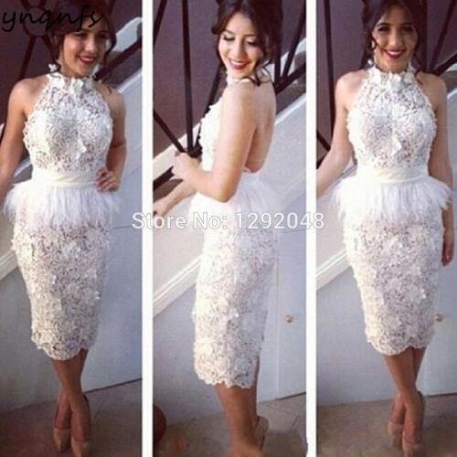 YNQNFS E14 Sexy Backless Halter Sleeveless Tea Length Off White Lace Feather Robe Cocktail Dresses 2019