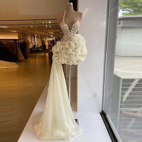 Asymmetrical Cocktail Dresses Sheer Neck Appliques Flowers Sequins Celebrity Homecoming Prom Dress robe de soirée de mariage