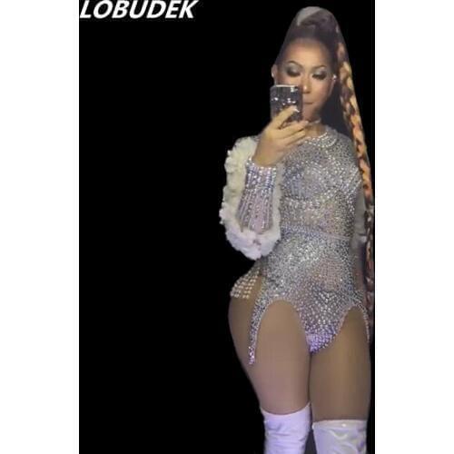 Occident Nightclub Bar Female Stage Wear Silver Crystals Pearl Petal Sleeve Bodysuit Jazz Dance Team Costume Singer Dance Outfit