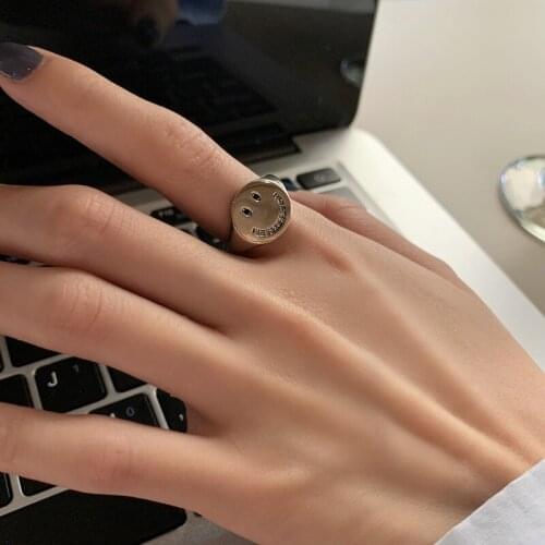Origin Summer Korean Vintage Smile Face Ring for Women Silver Color Hollow Out Metal Open Adjustable Index Finger Ring Jewelry