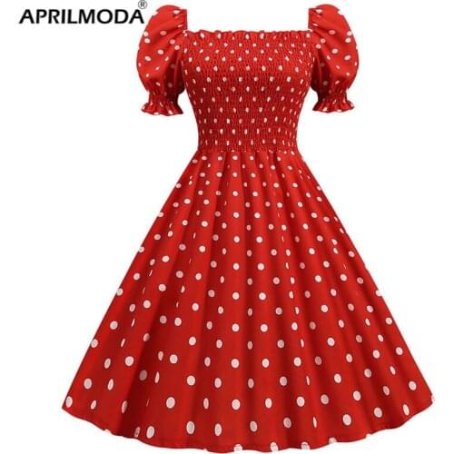 2021 Polka Dot Party Dress Elegant Women Summer Puff Short Sleeve Square Collar Elastic Waist Vintage Midi Sundress Casual Beach