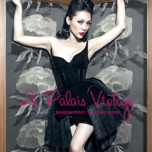 FREE SHIPPING 2015 Summer Style Le Palais Vintage Black Velvet Elegant Sexy Gothic Fish Bone Corselets Dovetail Dress