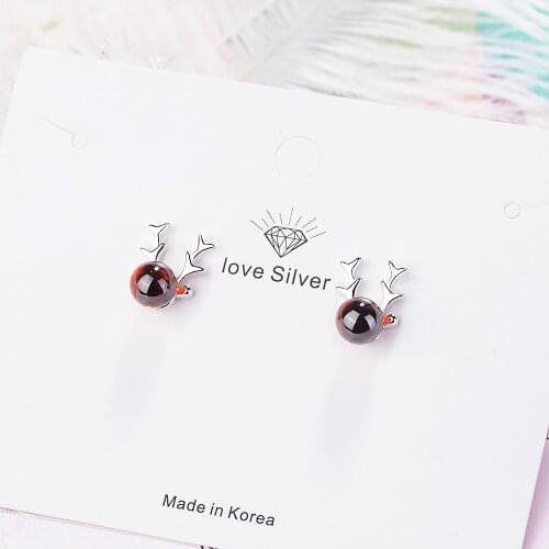 CAE5 Trendy Cute Christmas Deer ELK Animal Garnet 925 Sterling Silver Lady Stud Earrings Jewelry Women Promotion Gift