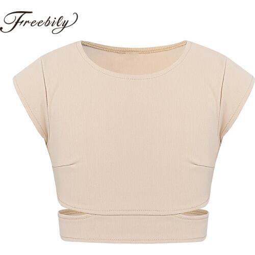 Kids Cap Sleeves Stretchy Cutout Waist Bra Crop Top Workout Dancewear Girls Ballet Gymnastics Tops Performance Dance Costume