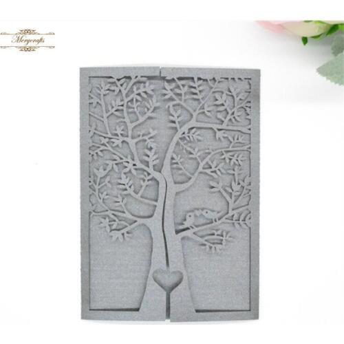 Tree and love birds wedding laser cut gatefold style elegant invitation card