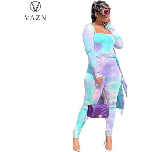 VAZN 2021 Autumn High-end Office Lady Elegant Young Full Sleeve X-Long Cloth Top Bib Jumpsuit Slim Women 2 Piece Set