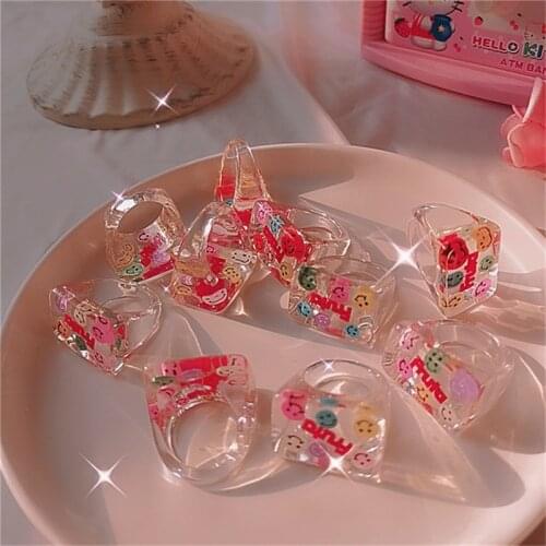 New Korean Version Transparent Cartoon Resin Smiley Face Crystal Color Matching Square Acrylic Ring For Women Party Jewelry Gift