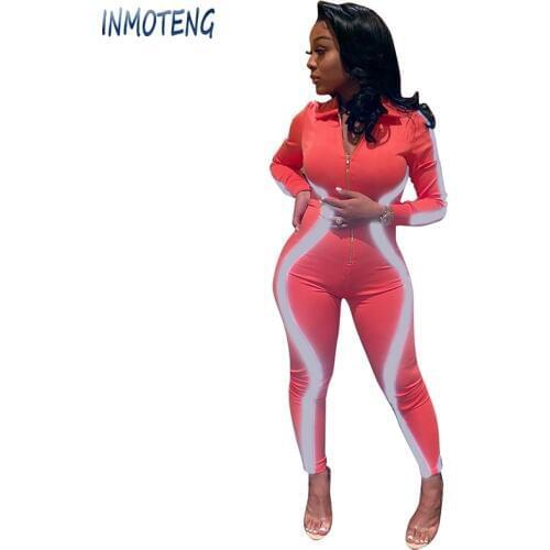 INMOTENG Reflective Stripe Patchwork Night Version Jumpsuit Front Zipper Turn Down Collar Long Sleeve Skinny Romper Bodysuits