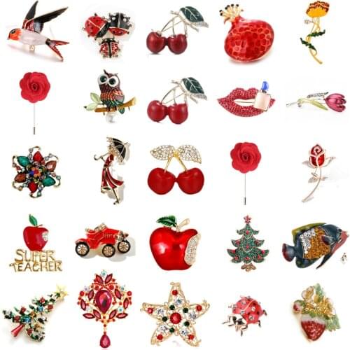Red Car Squirrel Owl Ladybug Rose Flower Cat Bird Brooch Collar Pins Corsage Animal Badges Jewelry Women Kids Brooches