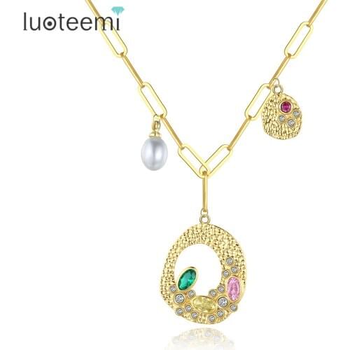 LUOTEEMI Green and Pink Gemsotone Long Link Pendant Chian Necklace Freshwater Pearl Superb Shinning Jewelry for Women Party