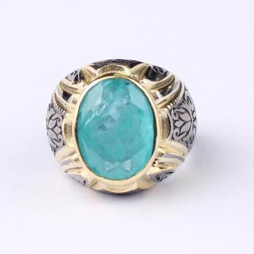 Paraiba Tourmaline Mans Handmade 925 Silver Ring, Handmade 18 K Gold Plated Oval shaped Light Blue