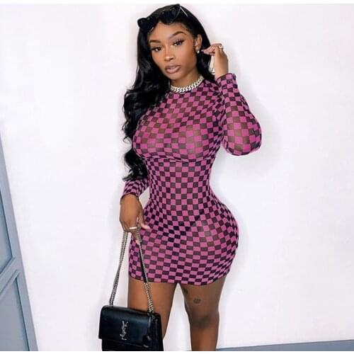 Night Club See-through Party Dress Women Spring Clothes Sheer Mesh Long Sleeve Dress Gird Printed Slim Tight Bodycon Mini Dress