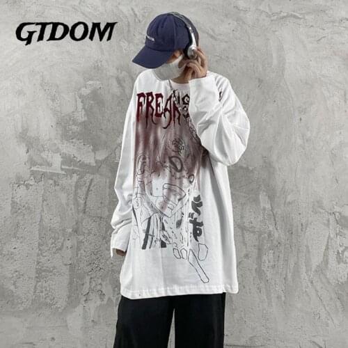 GTDOM Man 2021 Autumn New Cotton Casual T-shirt Dark High Street Hip Hop Cartoon Printing Long Sleeve O-Neck Loose T-shirts