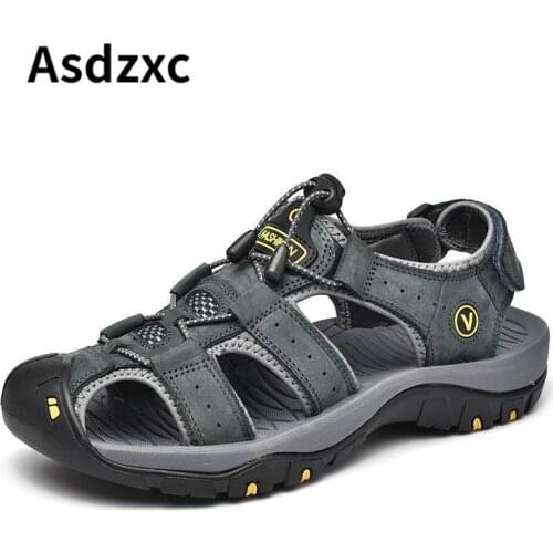 Genuine Leather Men Sandals Big Size Covered Toe Summer Beach Shoes Breathable Hole Sneakers Outdoor Quick Drying Casual Sandals