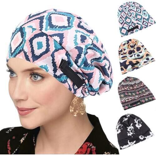 Women Satin Lined Bonnet Sleep Cap Ethnic Floral Print Adjustable Wide Band Slouchy Beanie Turban Hat Muslim Head Cover