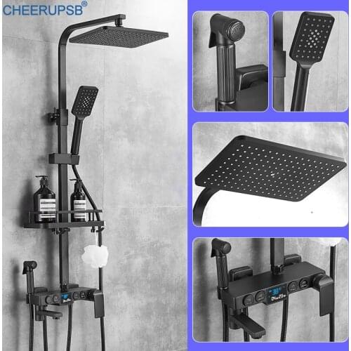 Thermostatic Shower Set Bathroom Hot Cold Mixer Digital Shower System Wall Mount Square Head SPA Rainfall Bath Tap Gold Faucet