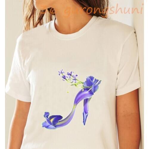 Summer tops tees female t-shirt femme punk t shirt streetwear Vogue watercolor flowers high heel shoe printed white tshirt women