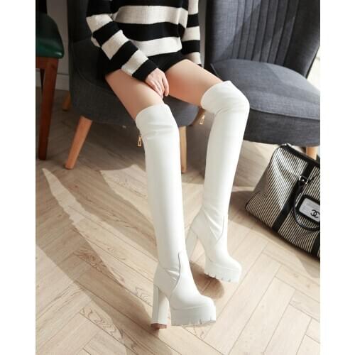 Platform Square Heel Women Over The Knee Boots Fashion Zipper Women Long Boots PU Leather 2020 Winter Boots Black White 34-43