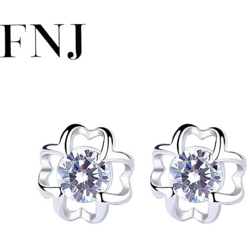 FNJ White Zircon Flower Clover Earrings 925 Silver Jewelry Original Pure S925 Sterling Silver Stud Earring for Women