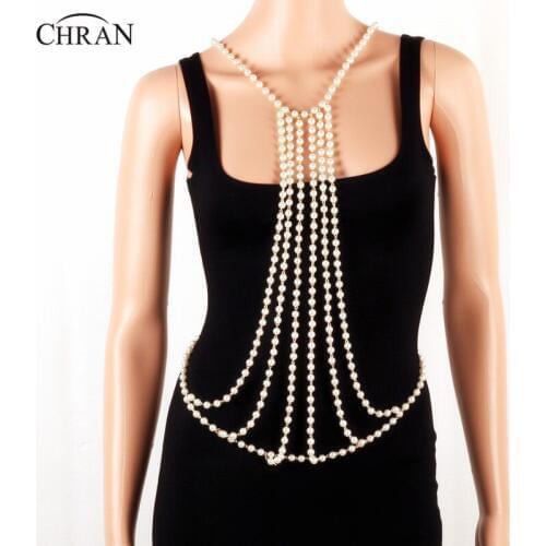 Chran Beach Chain Bra Faux Pearl Long Harness Necklace For Women Chainmail EDC Outfit Belly Waist Wear Festival Jewelry CRBJ171