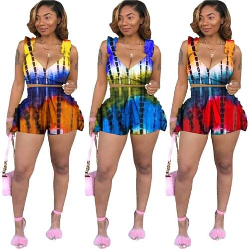 Echoine Women Print Sleeveless V-neck Set Ruffles Crop Top Sheath Elastic Shorts 2 Two Piece Set Female Tracksuit Summer Outfit