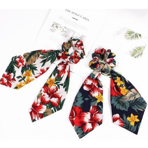 New Floral Print Scrunchie Women Hair Scarf Elastic Hairband Bow Hair Rubber Ropes Girls Boho Streamers Hair Ties Accessories