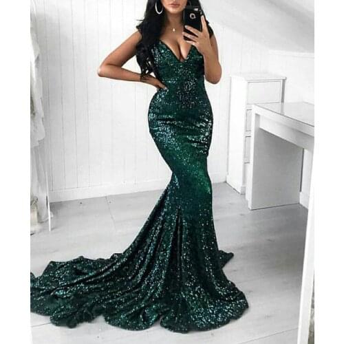Sexy Long Sequined Green V-Neck Prom Dresses Spaghetti Criss Cross Back Mermaid Abendkleider Robes de Soirée for Women