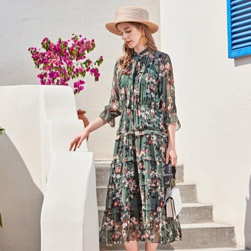Retro green chiffon silk floral maxi dress women 2020 summer long work beach office sexy party luxury dresses plus size