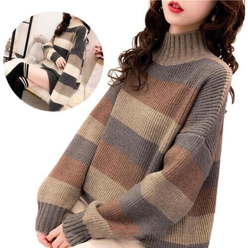 Women Long Sleeve Mock Neck Color Block Sweater Autumn Winter Knitwear Jumpers