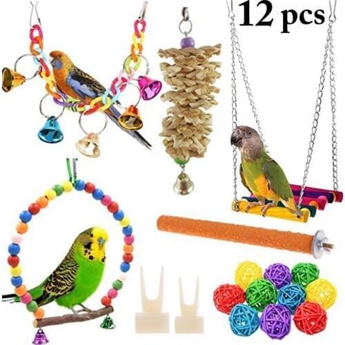12PCS Bird Toy Set Assorted Bird Swing Toys Bird Cage Toys for Parakeets Standing Training Toys Parrot Funny Swing Ball Toy