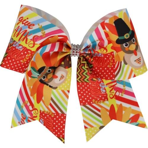 2pcs/7.5inch Thanksgiving Cheer Bow pumpkin maple leaf Turkey Bows For Girls Kids With Elastic Ponytail Holder Cheerleading