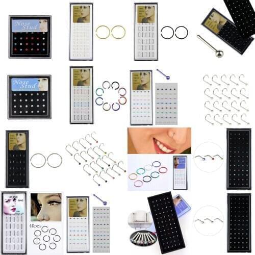 20/40/60pcs/set Surgical Steel Nose Ring Pack Indian Nose Pin Nose Piercing Ring Set Crystal Nariz Ring Bulk Nose Piercing Stud