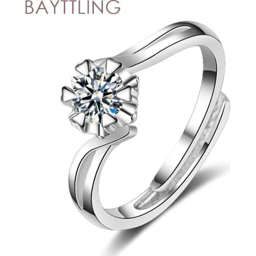 BAYTTLING 925 Sterling Silver Fine Carved Round Zircon Open Ring For Women Fashion Charm Wedding Gift Jewelry