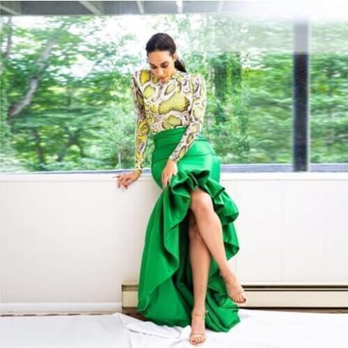 Emerald Green Hi-Lo Women Skirt Mermaid High Waist Ruffled Bottom Chic Long Prom Skirt Hi Low Asymmetric Party Skirt Saia Faldas