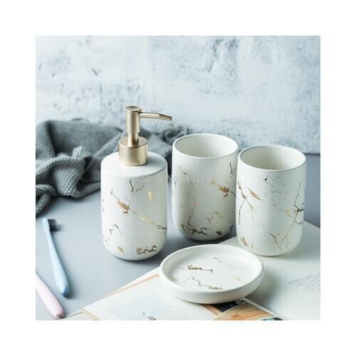 Ceramic Bathroom Accessory Set Washing Tools Water Bottle Mouthwash Cup Imitation Marble Soap Dish Toothbrush Holder