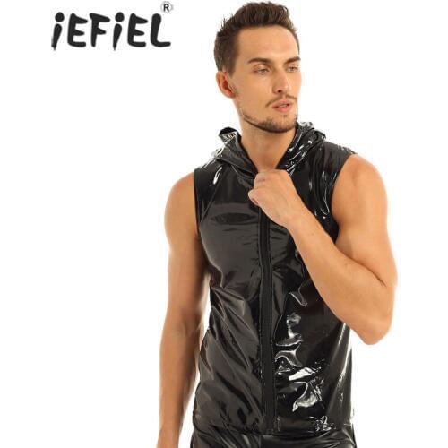 Mens Punk Fashion Club Tops Wet Look Patent Leather Sleeveless Hoodie Clubwear Hip Hop Tank Top with Zipper Closure Man Clothing