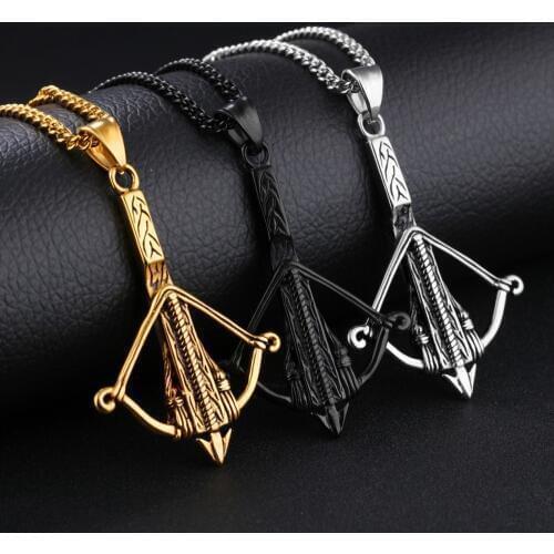 Punk Biker Stainless Steel Silver Color Gold Black Crossbow Design Mens Pendant Necklace Free Box Chain Jewelry 24" Wholesale