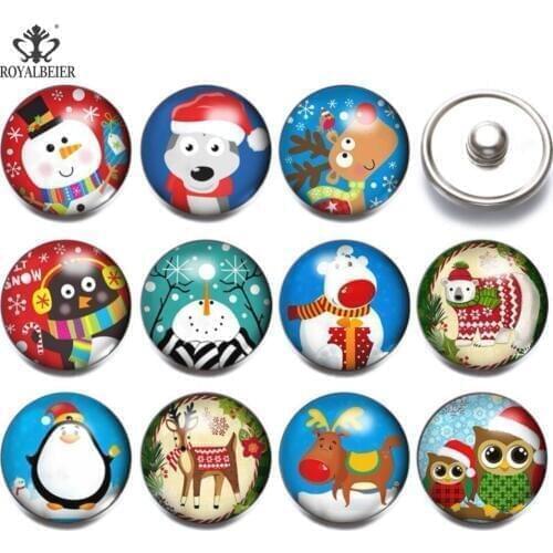 RoyalBeier 12pcs/lot 18mm Snowman Beads Christmas Snap Buttons Santa Claus Glass Charms Elk Snaps For Snap Bracelet Snap Jewelry