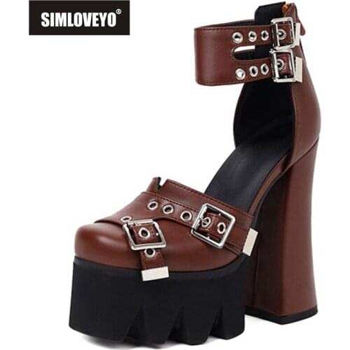 SIMLOVEYO 2021 Summer Ladies Platforms 5.5cm High Thick Sole 15cm Spool Heel Ankle Belt Buckle Square Toe Punk Size 34-43 A4152