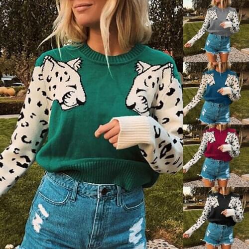 New Fashion Womens Winter Sweaters Casual Animal Camouflage Leopard Knitting Sweater High Street Jacquard O-neck Loose Pullover