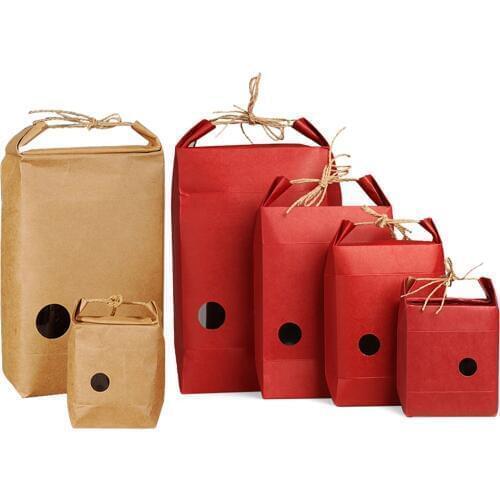 10pcs Moistureproof Red Brown Kraft Paper Gift Bags Box Clear Window Standing Up Kraft Paper Packaging Bag with Rope Handle