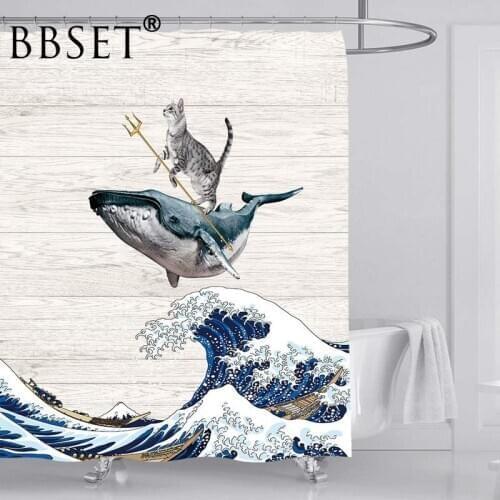 Funny Cat Shower Curtain Cat Riding Whale In Ocean Wave on Wooden Pattern Waterproof Multi-size Douchegordijn Bathroom Decor