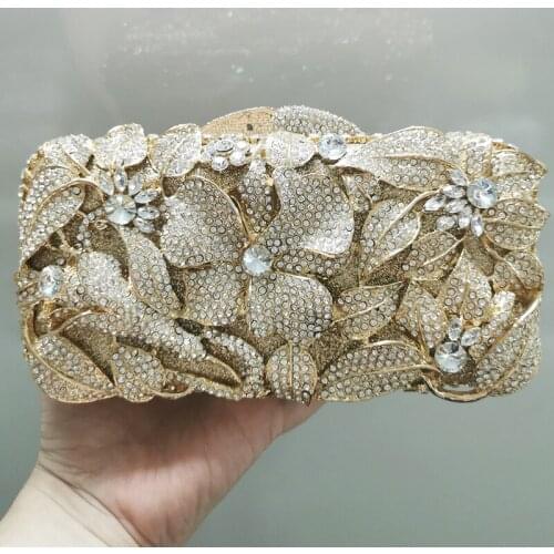 White Rhinestone Crystal Evening Clutch Bag Gold Metal Women Diamond Shoulder Chain Handbags Elegant Lady CrystalFloral Bags